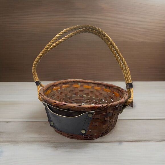 Vintage Leather Sewing Tool Craft Caddy Basket with Rope Handle Made In Japan - Picture 1 of 6